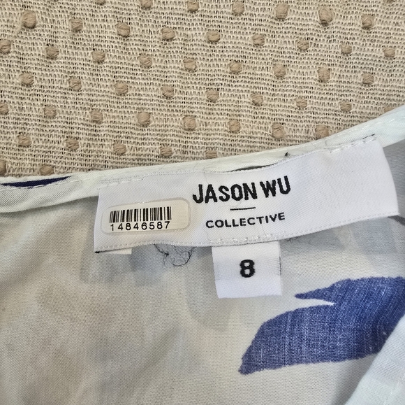 Jason Wu White/ Blue  Puff Sleeve Peplum Top Size 8 V-Neck - Picture 3 of 11